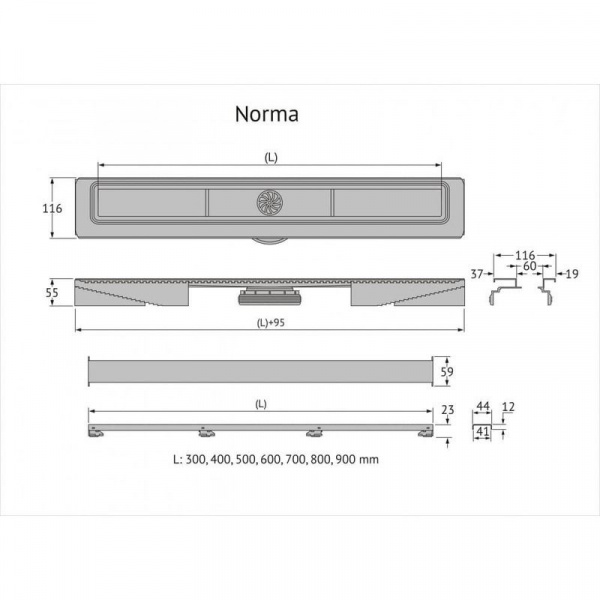 Желоб BERGES водосток C1 Norma 500, матовый хром, S-сифон D50/105мм H50 вертикальный
