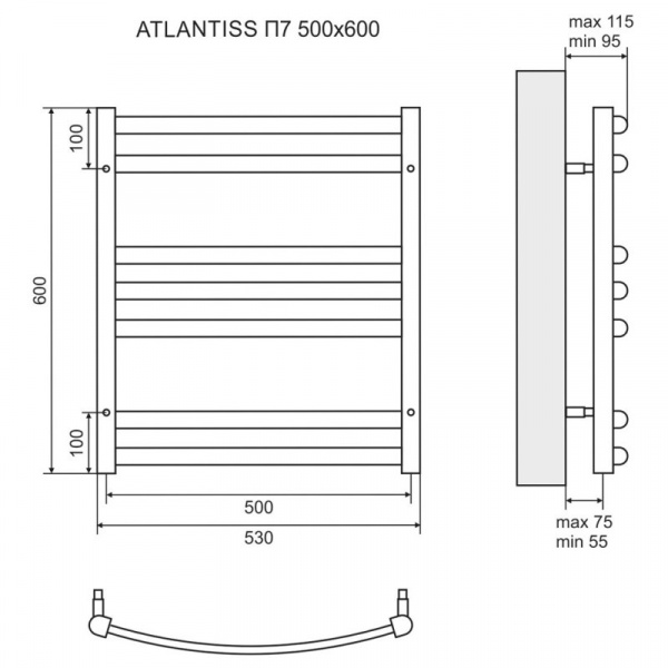 Полотенцесушитель электрический 600х500 ТЭН левый/правый Lemark Atlantiss П7 LM32607REBL