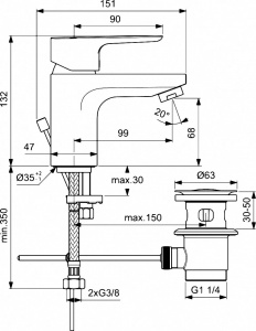 Смеситель для раковины Ideal Standard CERAPLAN III Керамический картридж с донным клапаном Хром (BC559AA)