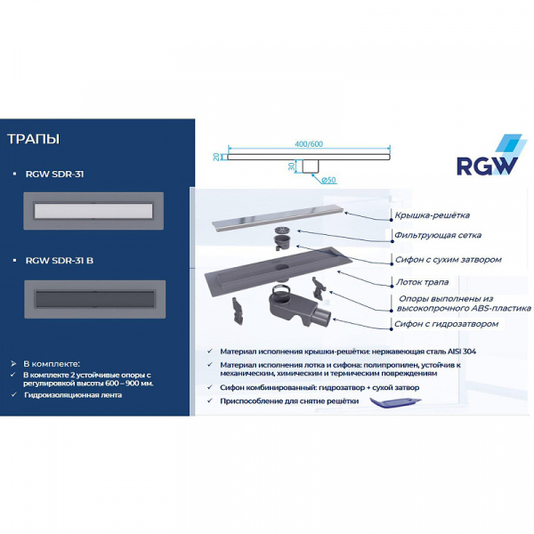 Душевой лоток RGW SDR-31B 47213160-04 с Черной решеткой