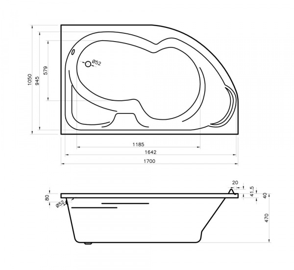 Комплект 3 в 1 Lavinia Boho Grance Hill S2-3703170L, акриловая ванна 170x105 см (левый разворот), усиленный металлический каркас, лицевой экран