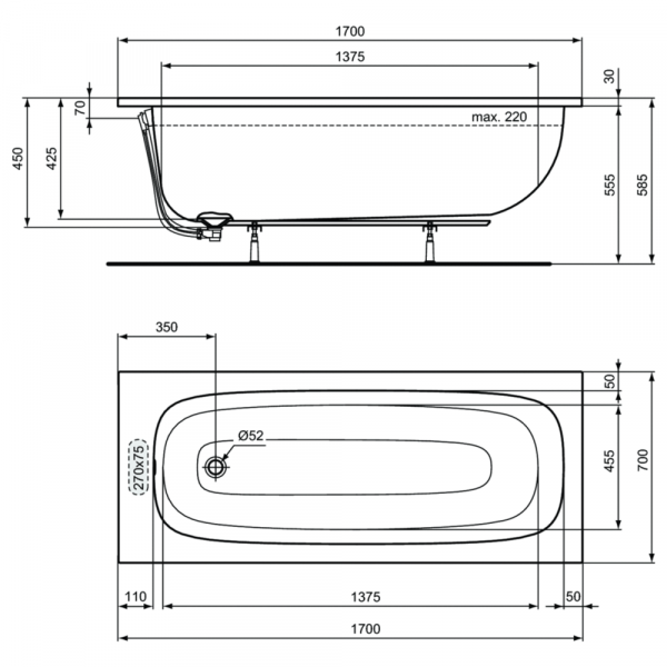 Ванна акриловая (170х70) Ideal Standard i.life T475901