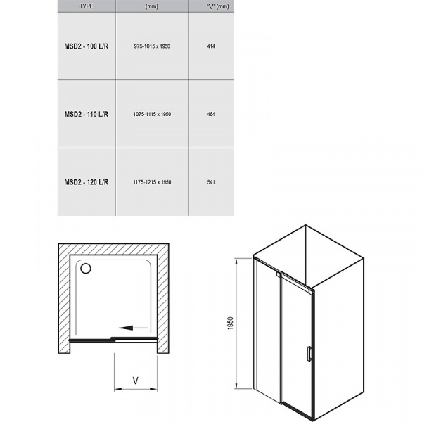 Душевая дверь Ravak Matrix MSD2-110 L 0WLD0100Z1 профиль Белый стекло Transparent
