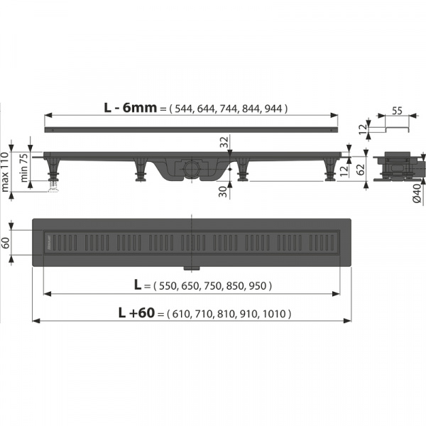 Душевой лоток Alcaplast AG101101750 (APZ10BLACK-750M) с Черной матовой решеткой