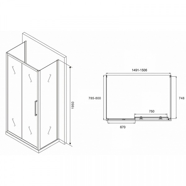 Душевой уголок Abber Schwarzer Diamant 150x80 AG30150MH-S80M-S80M профиль Хром стекло матовое