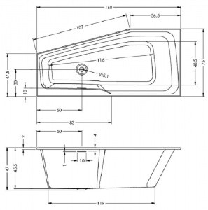 Акриловая ванна Riho Rething Space левосторонняя (160 x 75) заполнение через перелив B112006005