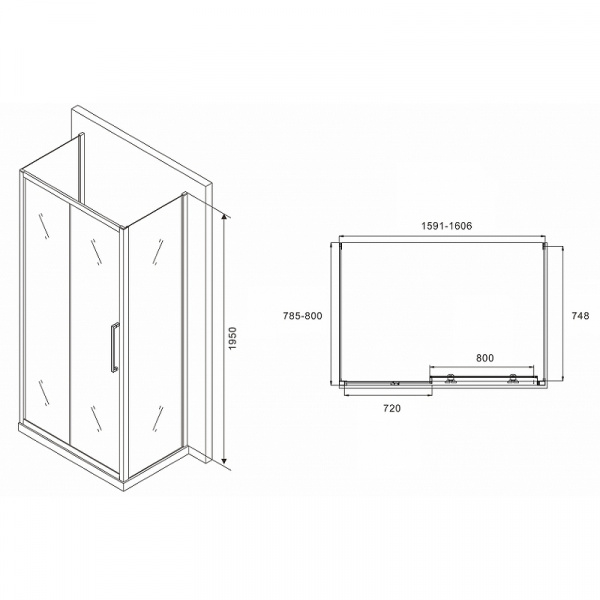 Душевой уголок Abber Schwarzer Diamant 160x80 AG30160MH-S80M-S80M профиль Хром стекло матовое