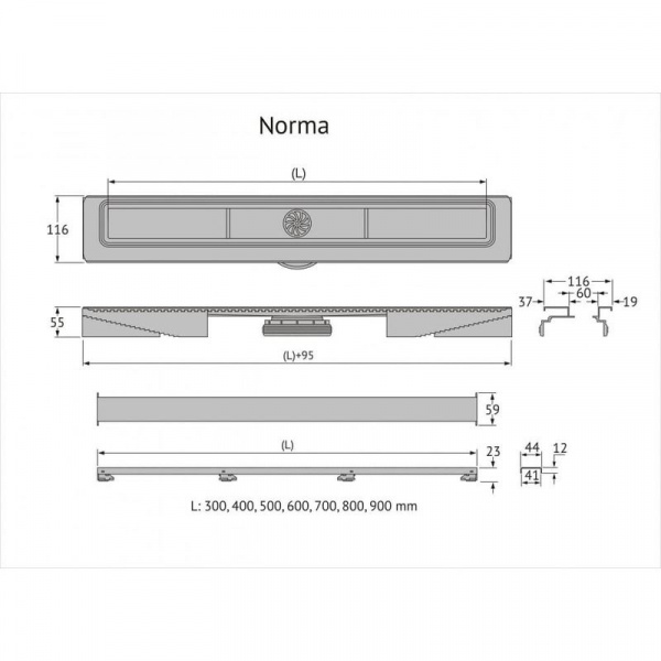 Желоб BERGES водосток C1 Norma 600, матовый хром, S-сифон D50/105мм H50 вертикальный