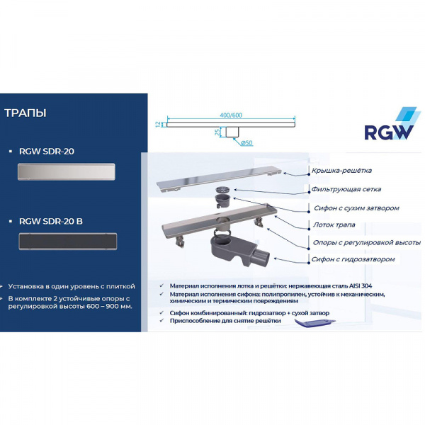 Душевой лоток RGW SDR-20B 47212060-04 с Черной решеткой