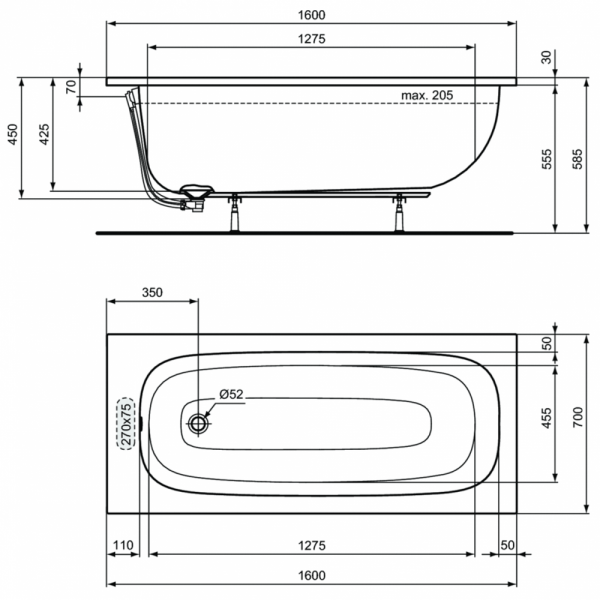 Ванна акриловая (160х70) Ideal Standard i.life T475801