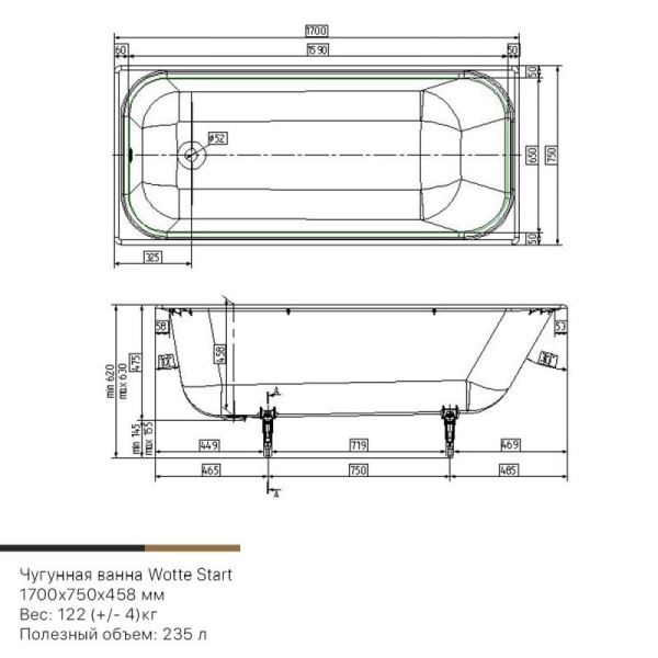 Чугунная ванна Wotte Start 170 x 75 см, (Start 1700x750), белая