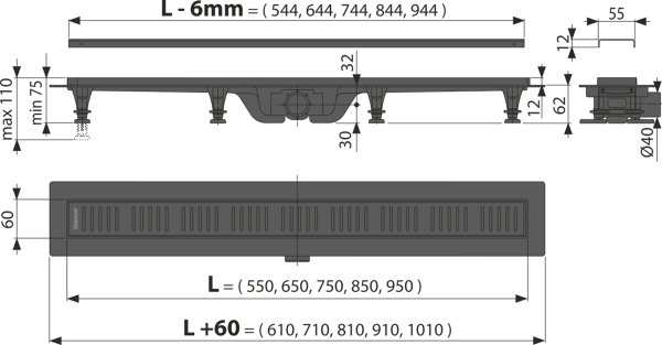 Душевой лоток Alcaplast с xерной матовой решеткой (APZ10BLACK-550M)
