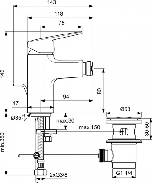 Смеситель для биде Ideal Standard CERAPLAN Керамический картридж с донным клапаном Хром (BD248AA)